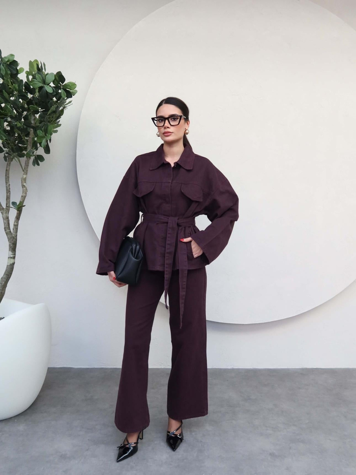 Patlı Yaka Denim Gömlek Pantolon Takımı