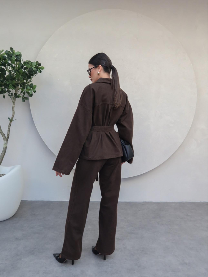 Patlı Yaka Denim Gömlek Pantolon Takımı