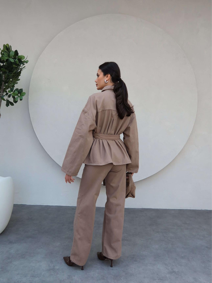 Patlı Yaka Denim Gömlek Pantolon Takımı