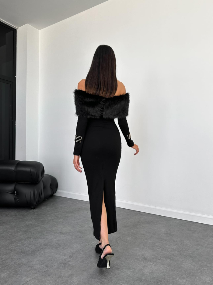 Peluş Madonna Yaka Midi Elbise