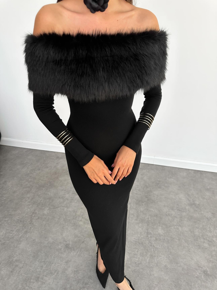 Peluş Madonna Yaka Midi Elbise