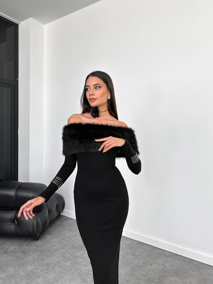 Peluş Madonna Yaka Midi Elbise