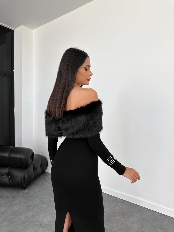 Peluş Madonna Yaka Midi Elbise