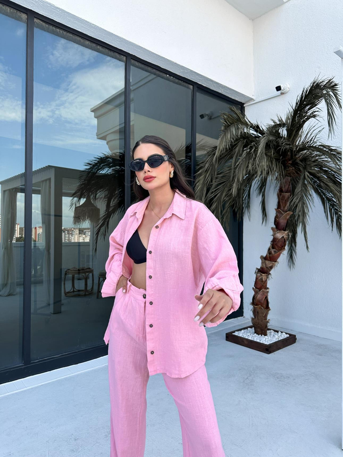 Pembe %100 Keten Gömlek