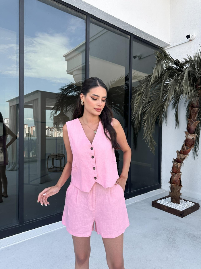 Pembe %100 Keten Şort