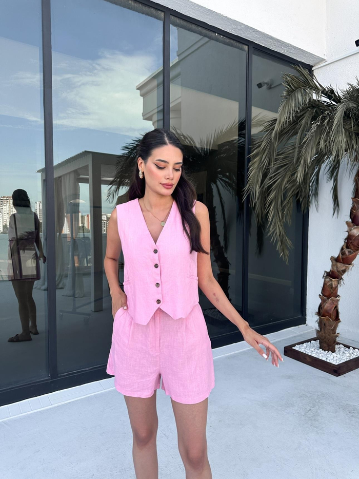 Pembe %100 Keten Şort