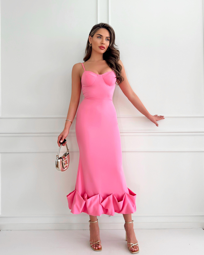 Pembe Alt Frilly Fitted Elbise