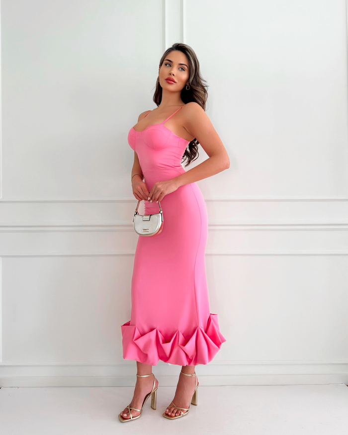 Pembe Alt Frilly Fitted Elbise