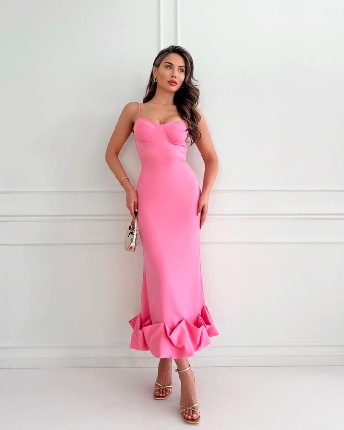 Pembe Alt Frilly Fitted Elbise