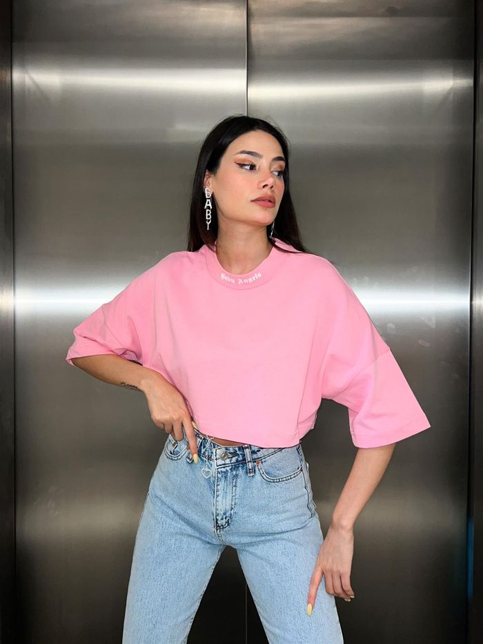 Pembe Angels Baskılı Crop Tshirt