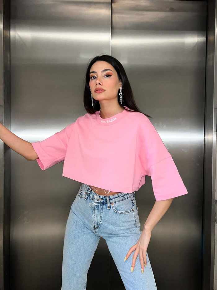 Pembe Angels Baskılı Crop Tshirt