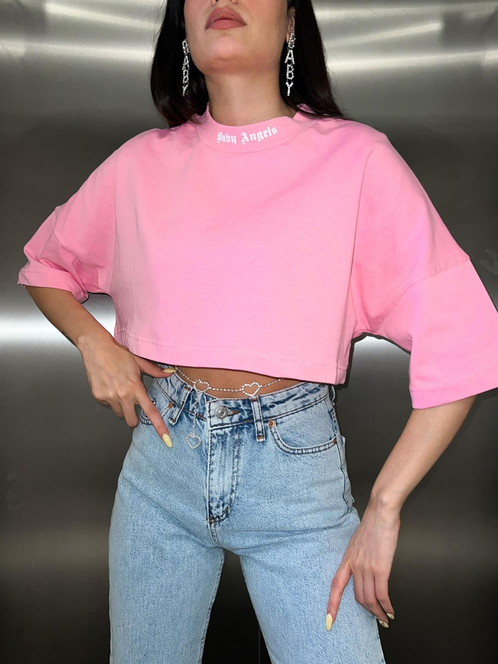 Pembe Angels Baskılı Crop Tshirt