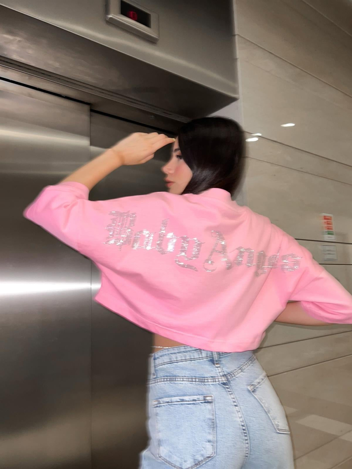 Pembe Angels Baskılı Crop Tshirt