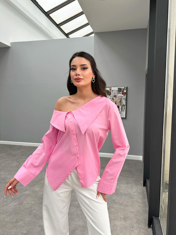Pembe Asimetrik Poplin Gömlek