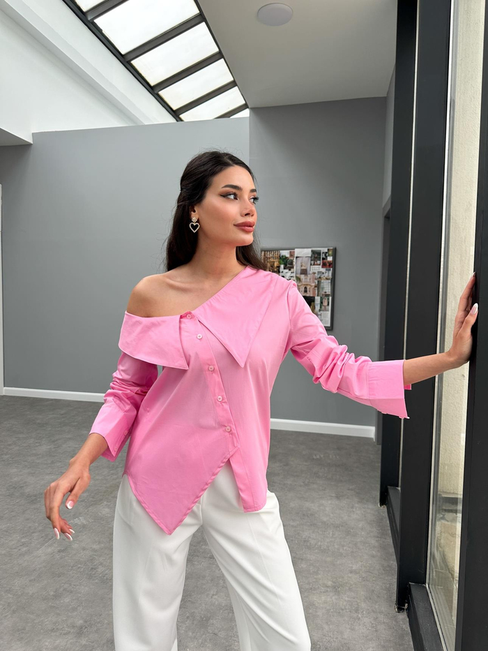 Pembe Asimetrik Poplin Gömlek