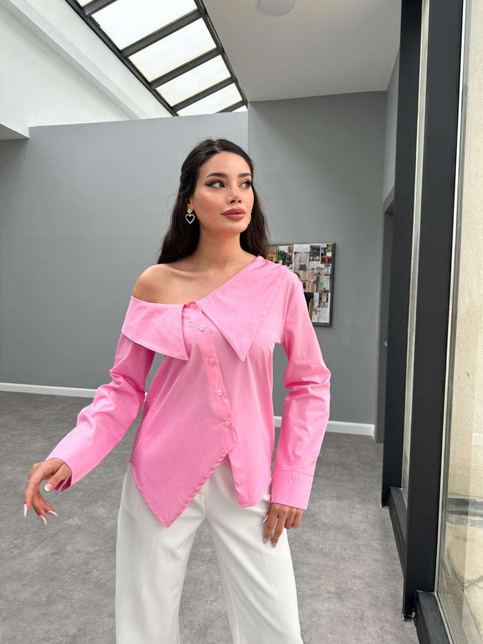 Pembe Asimetrik Poplin Gömlek