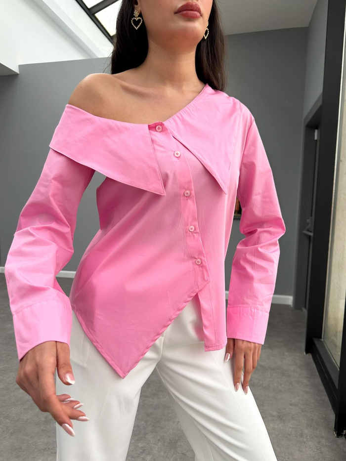 Pembe Asimetrik Poplin Gömlek