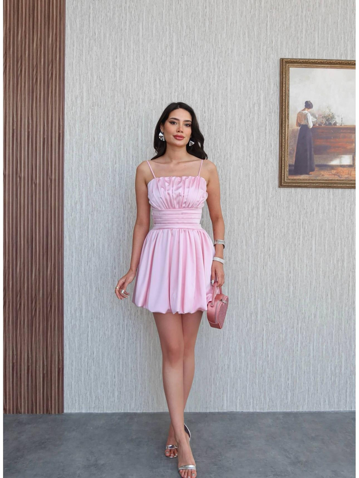 Pembe Askılı Büzgü Elbise