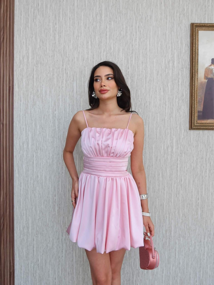 Pembe Askılı Büzgü Elbise