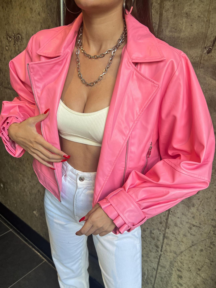 Pembe Balloon Sleeve Deri Ceket