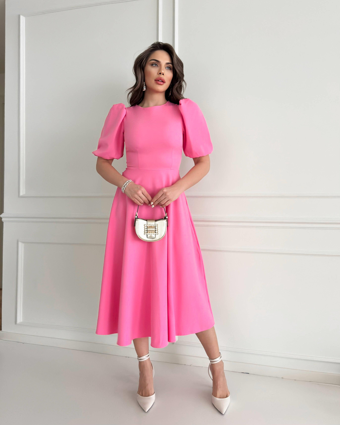 Pembe Balon Kol Midi Boy Elbise
