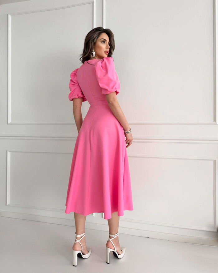 Pembe Balon Kol Midi Boy Elbise