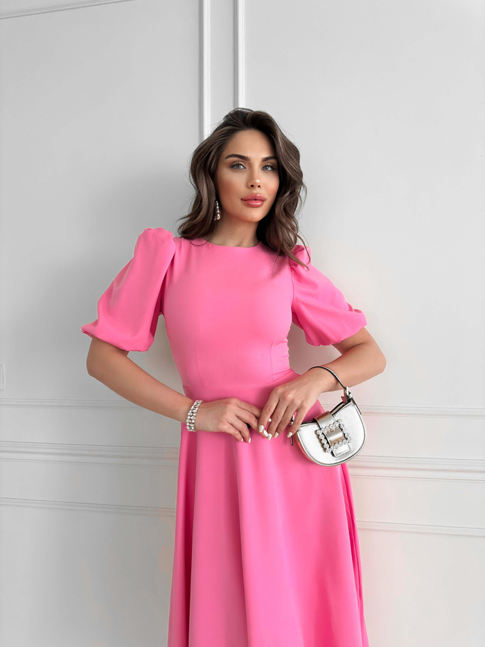 Pembe Balon Kol Midi Boy Elbise