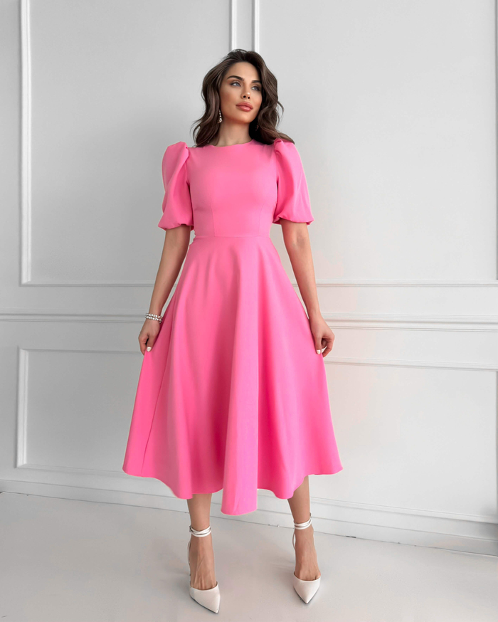 Pembe Balon Kol Midi Boy Elbise