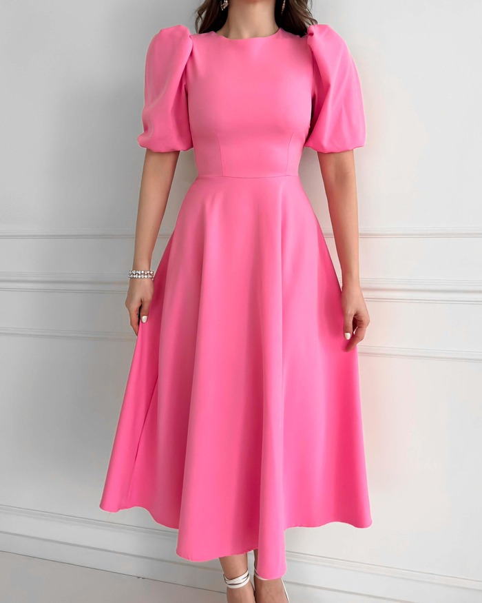 Pembe Balon Kol Midi Boy Elbise