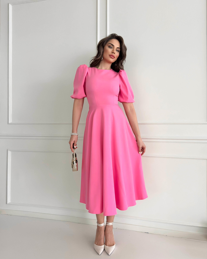 Pembe Balon Kol Midi Boy Elbise