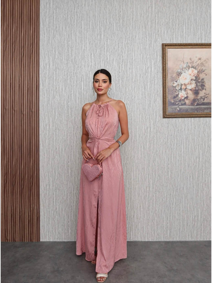 Pembe Bel Bağlamalı Yırtmaçlı Elbise