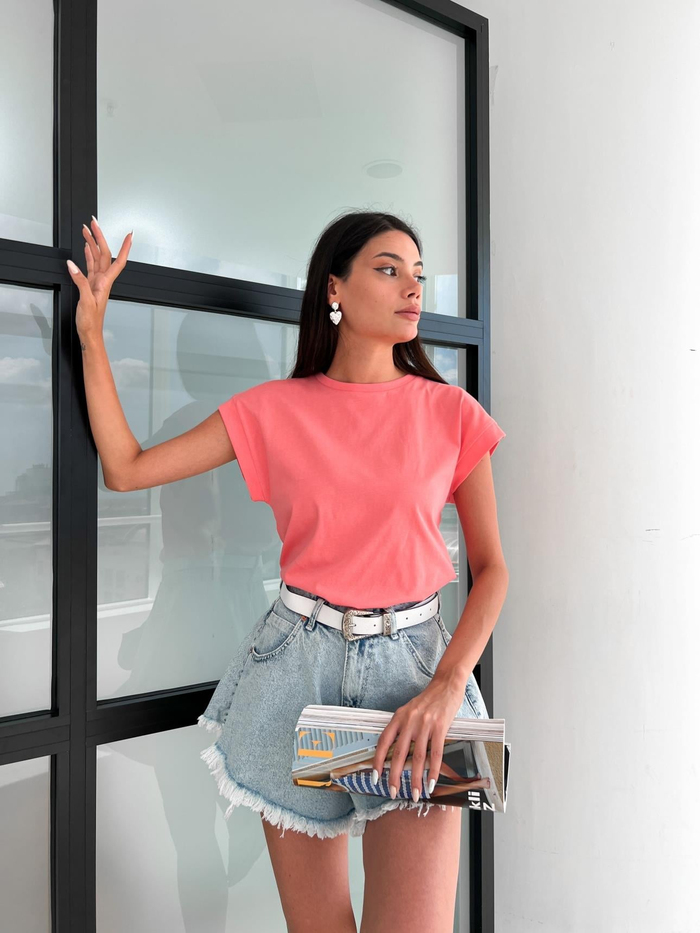 Pembe Bisiklet Yaka Tshirt
