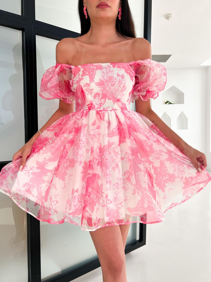 Pembe Çiçek Desenli Mini Elbise