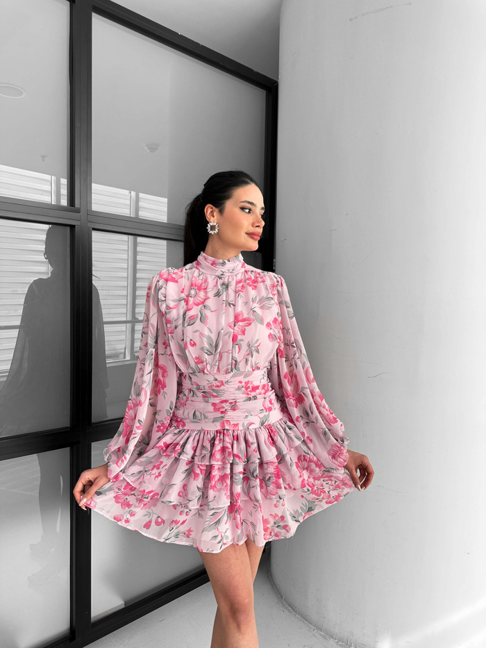 Pembe Çiçekli Drapeli Şifon Elbise