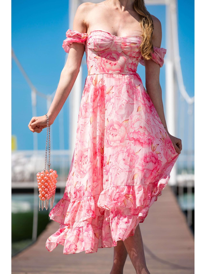 Pembe Çiçekli Fırfırlı Elbise