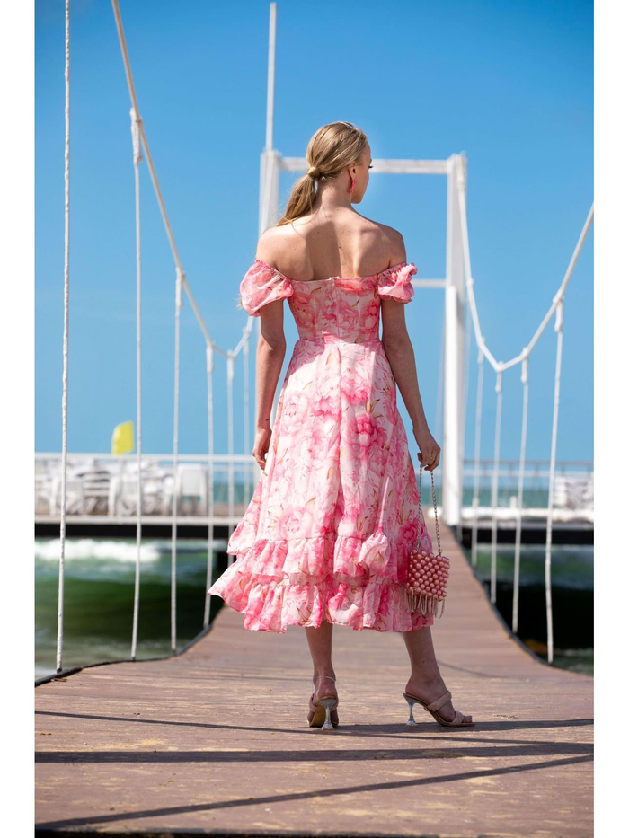 Pembe Çiçekli Fırfırlı Elbise
