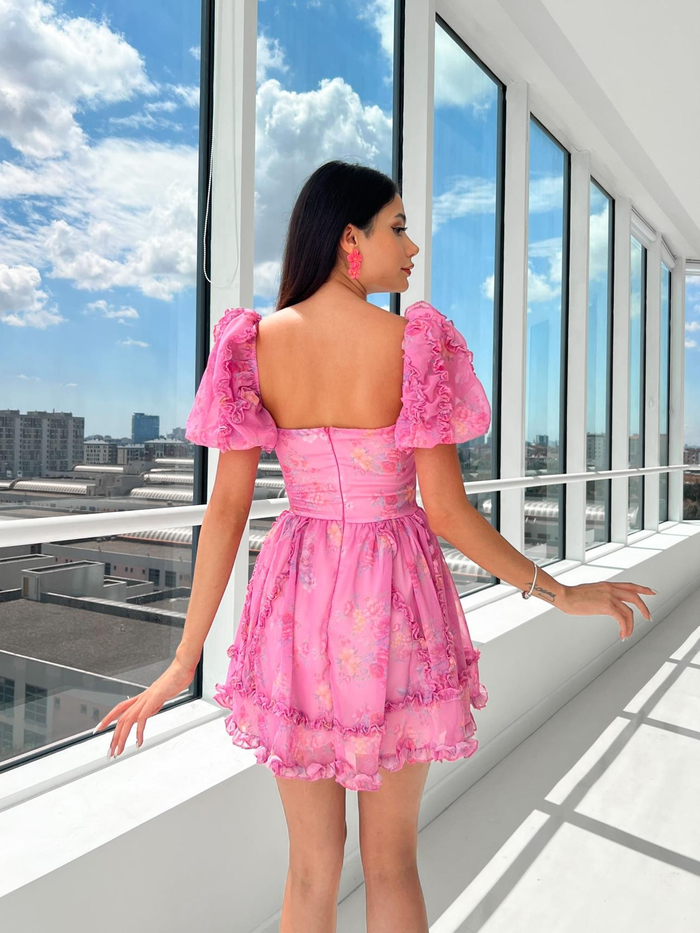 Pembe Çiçekli Lolita Mini Elbise