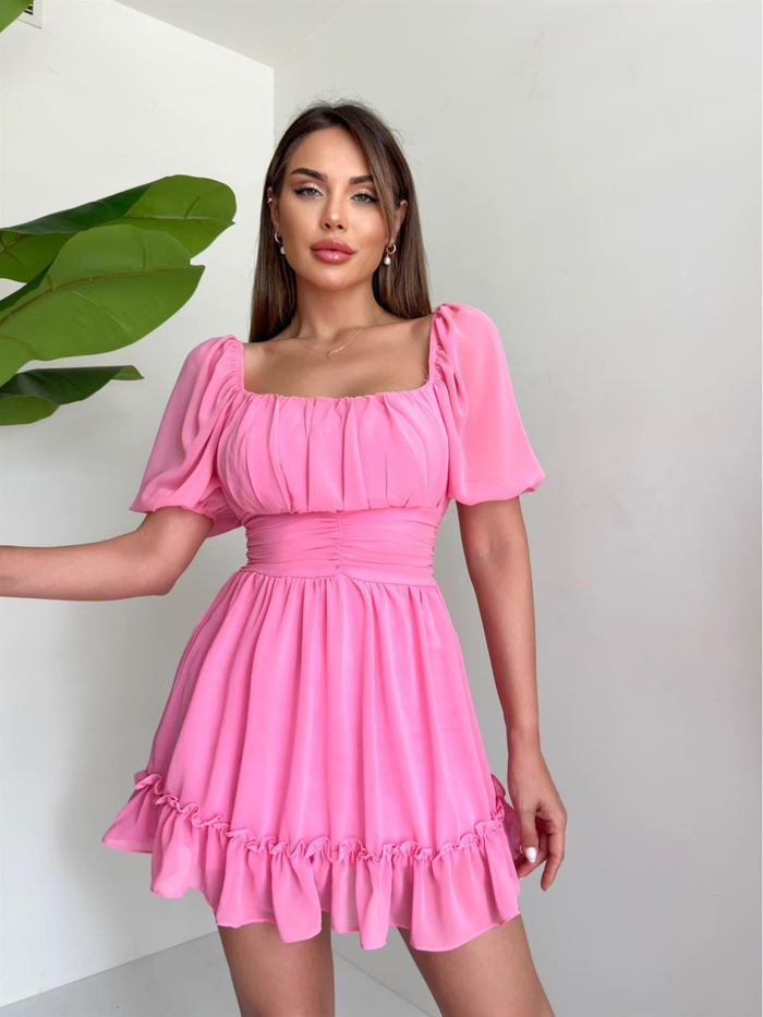 Pembe Dekolte Şifon Elbise