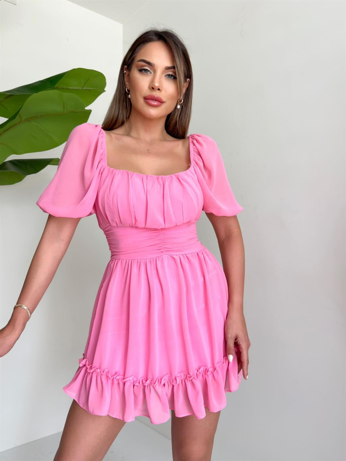 Pembe Dekolte Şifon Elbise