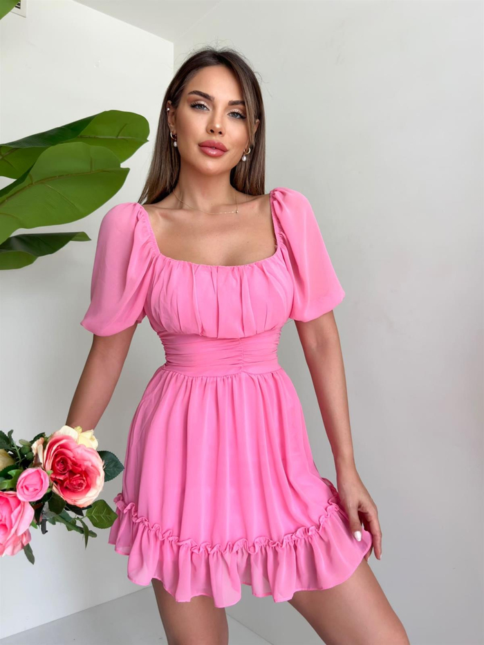 Pembe Dekolte Şifon Elbise