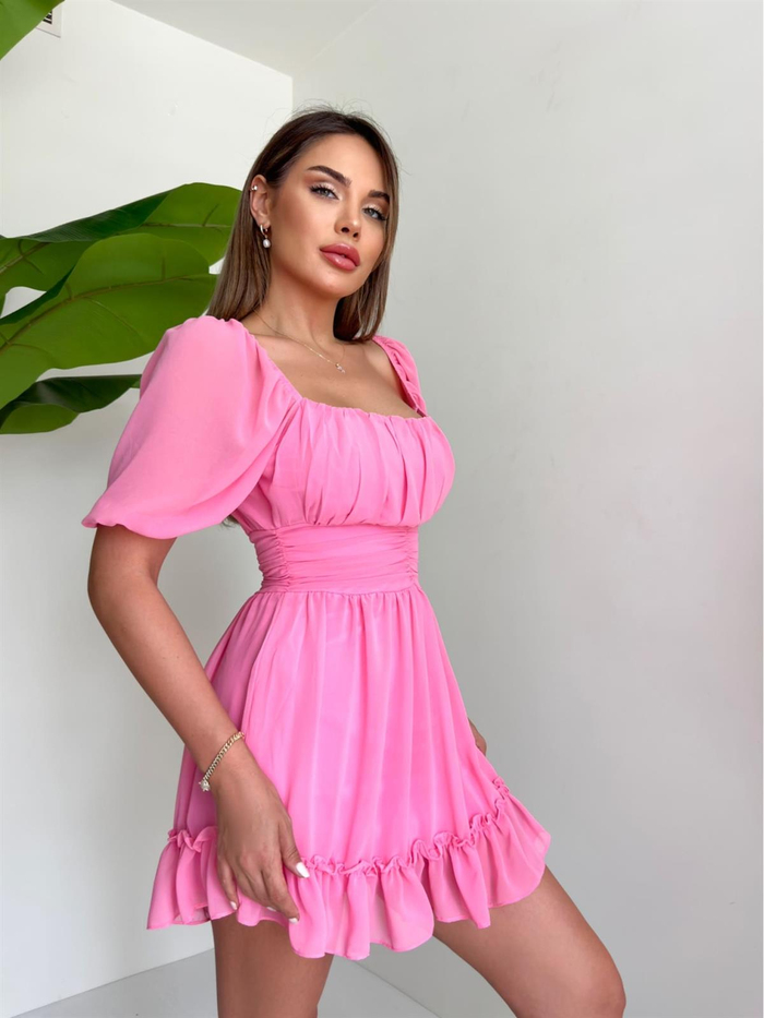 Pembe Dekolte Şifon Elbise