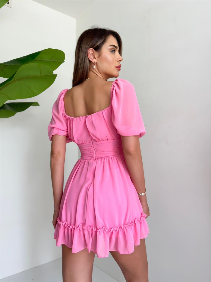 Pembe Dekolte Şifon Elbise