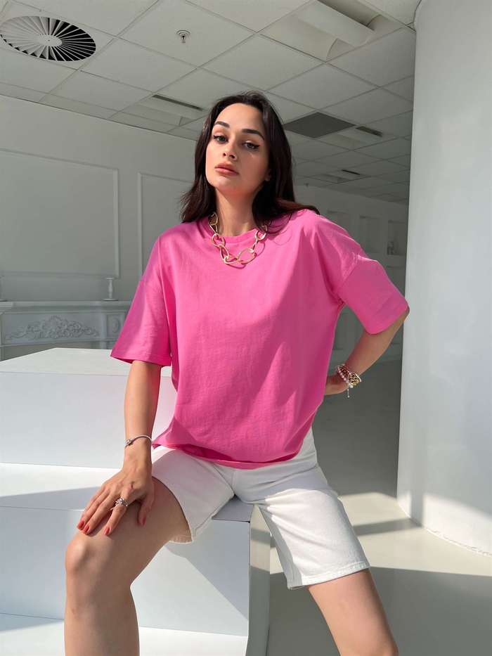Pembe Düz Kesim Basic Tshirt