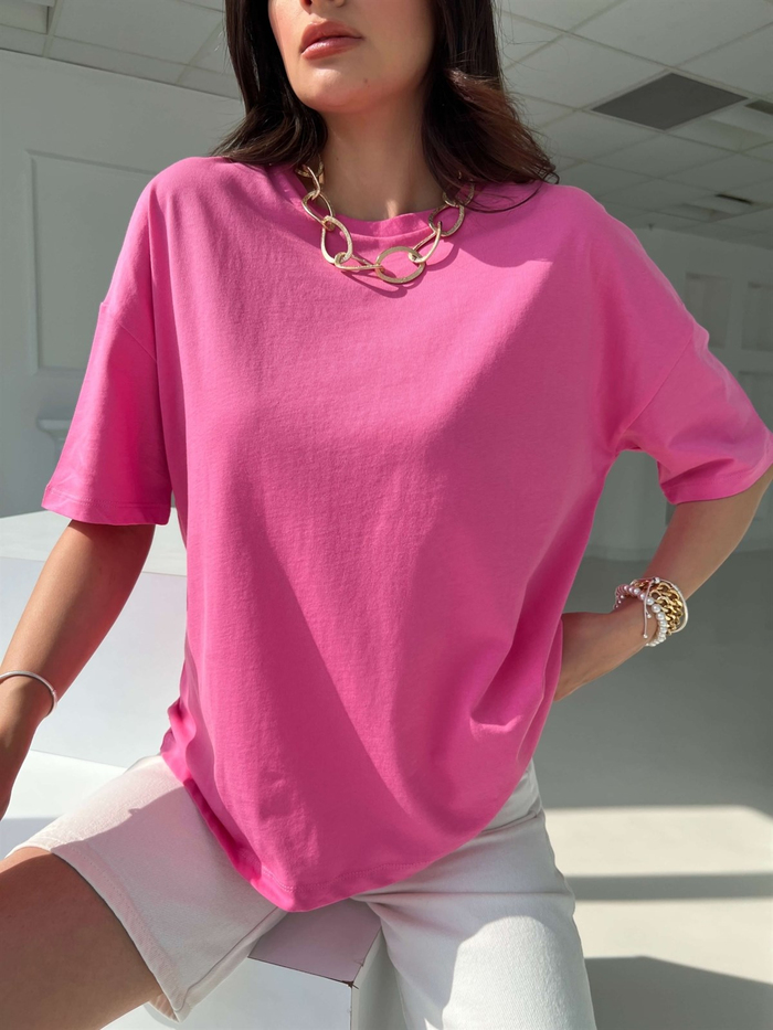 Pembe Düz Kesim Basic Tshirt