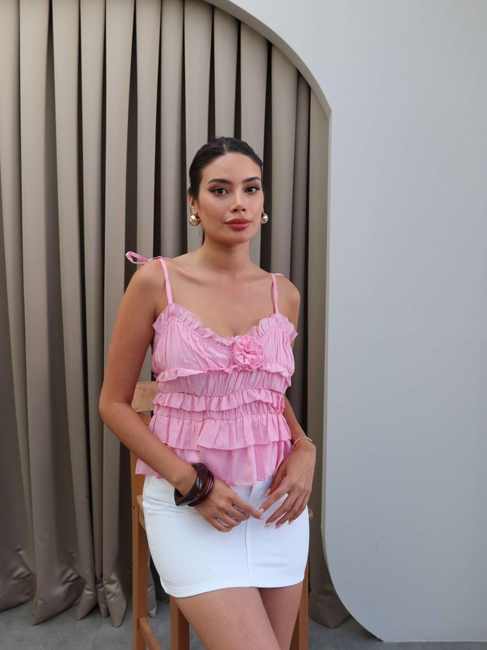 Pembe Gül Detay Kat İşlemeli Bluz