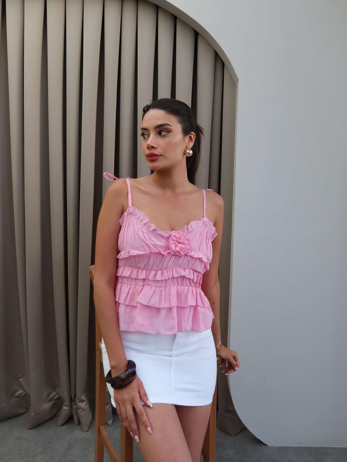 Pembe Gül Detay Kat İşlemeli Bluz