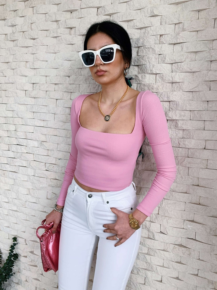 Pembe Kare Yaka Fitilli Body