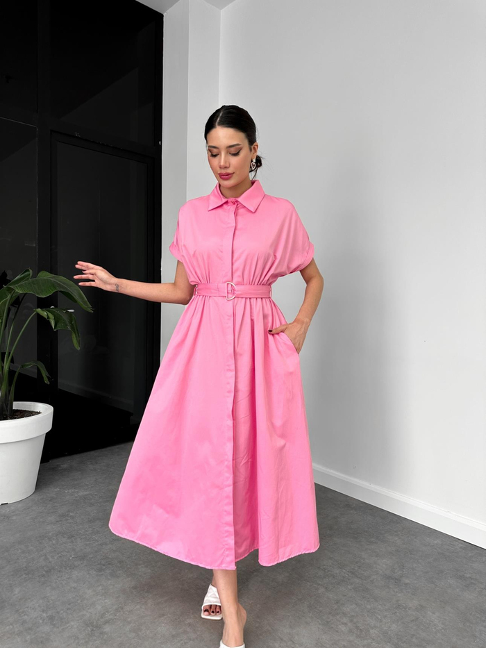 Pembe Kısa Kol Kemerli Poplin Elbise