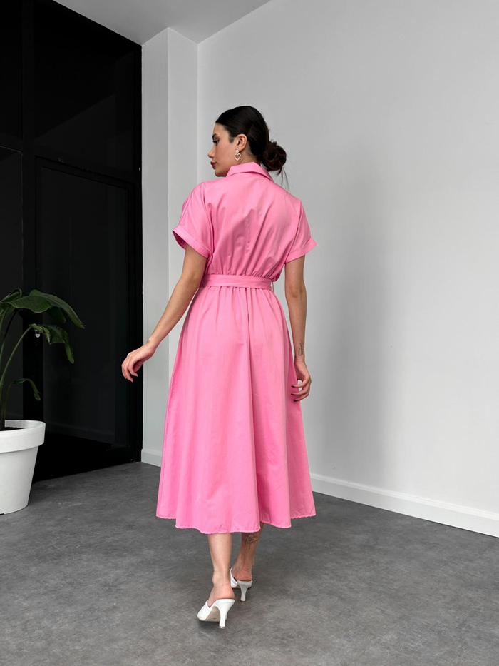 Pembe Kısa Kol Kemerli Poplin Elbise
