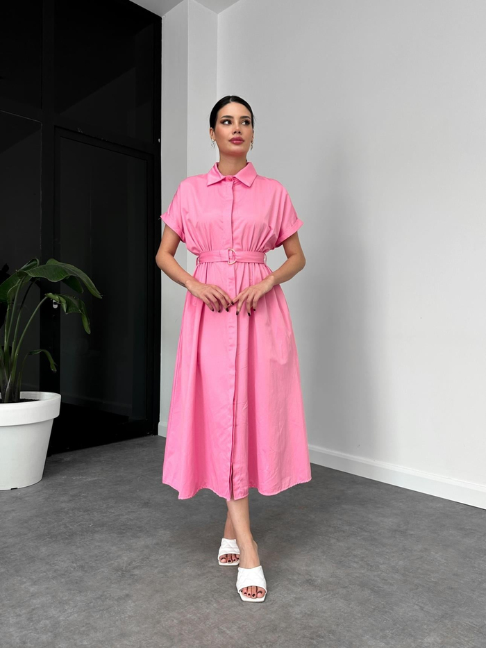 Pembe Kısa Kol Kemerli Poplin Elbise
